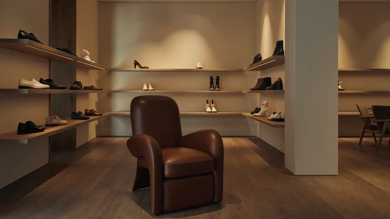 Interior de boutique cu rafturi minimaliste și un fotoliu din piele